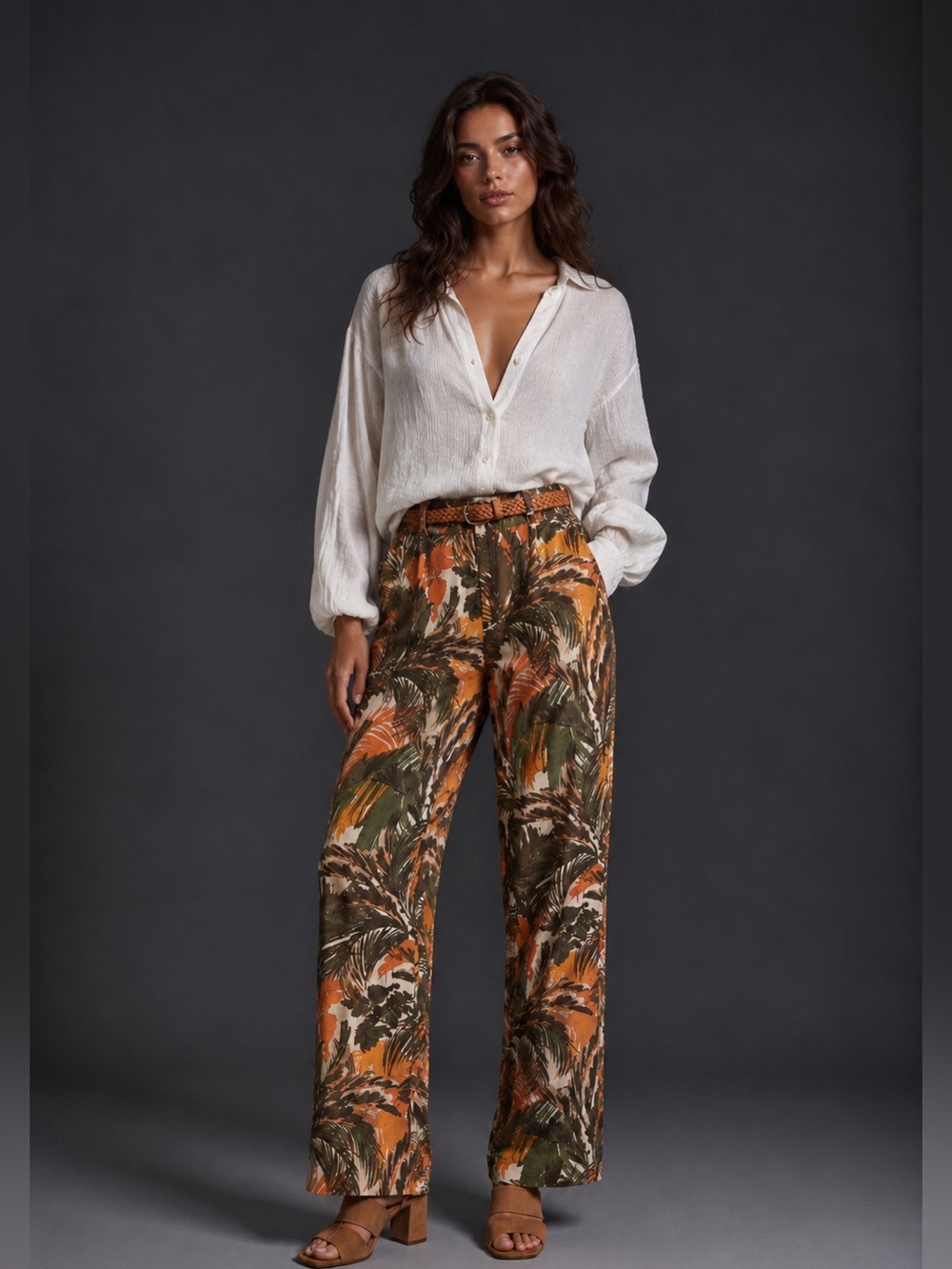 Tropical Print Casual Pants - Orange/Green